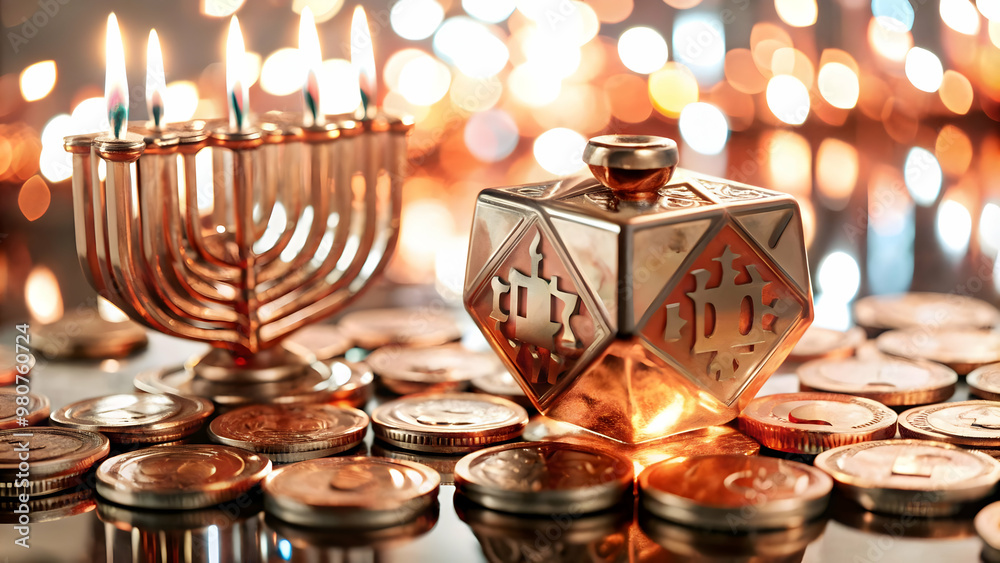 3D Holographic Dreidel and Hanukkah Coins on Glowing Background - Perfect for Festive Designs and Ecommerce Banners with Copy Space 3D Holographic Dreidel and Hanukkah Coins on Glowing Background - Perfect for Festive Designs and Ecommerce Banners with Copy Space