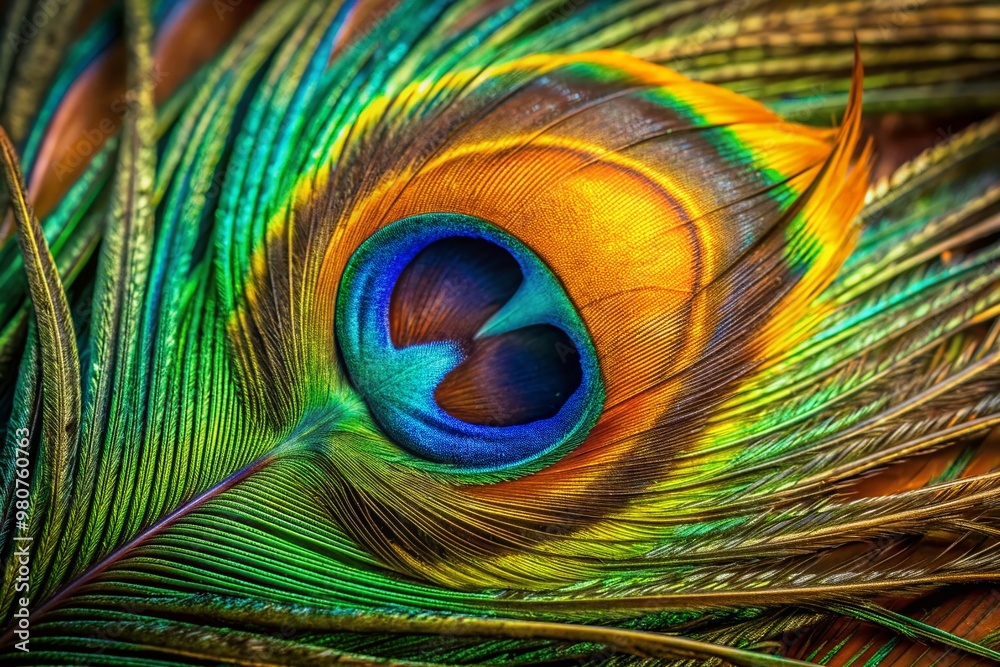 Obraz premium Vibrant peacock feather's intricate eye-like patterns and iridescent hues of emerald green, sapphire blue, and amber orange shimmer in stunning close-up detail.