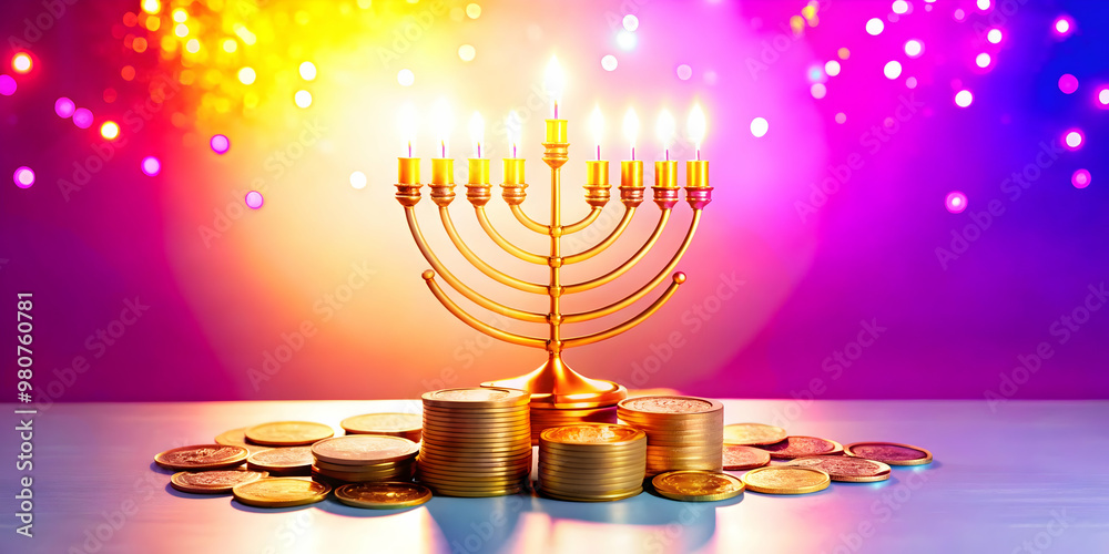 Fototapeta premium Glowing Hanukkah Gelt in Abstract Digital Space: Vibrant Holiday Design for E-commerce Banners