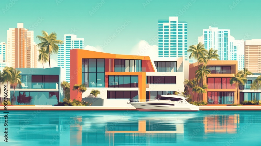 Fototapeta premium A Miami real estate infographic, breaking down property market trends and prices, using bright colors and modern graphics.