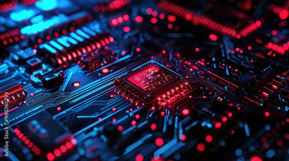 Detailed macro shot of a glowing microchip on a computer circuit board, highlighting technology, electronics, and modern computing Detailed macro shot of a glowing microchip on a computer circuit board, highlighting technology, electronics, and modern computing