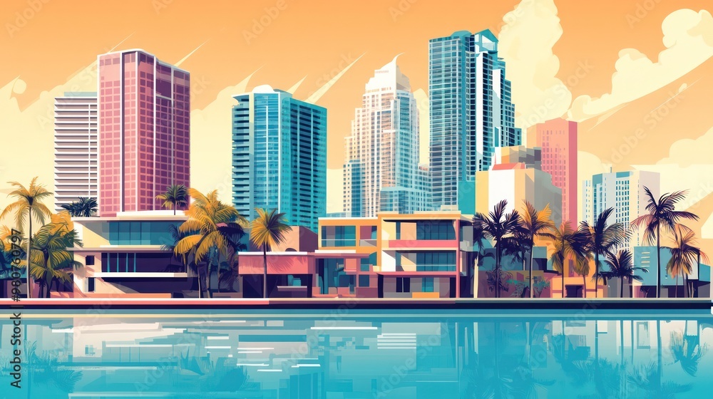 Fototapeta premium A Miami real estate infographic, breaking down property market trends and prices, using bright colors and modern graphics.