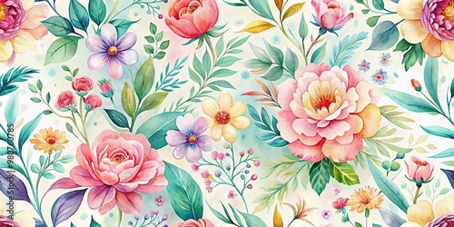 Wallpaper Mural Vibrant watercolor flowers, leaves, and stems in soft pastel hues, subtly blended and overlapping, creating a beautiful, dreamy, and elegant seamless floral pattern. Torontodigital.ca
