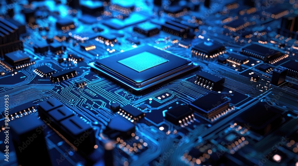 Detailed macro shot of a glowing microchip on a computer circuit board, highlighting technology, electronics, and modern computing