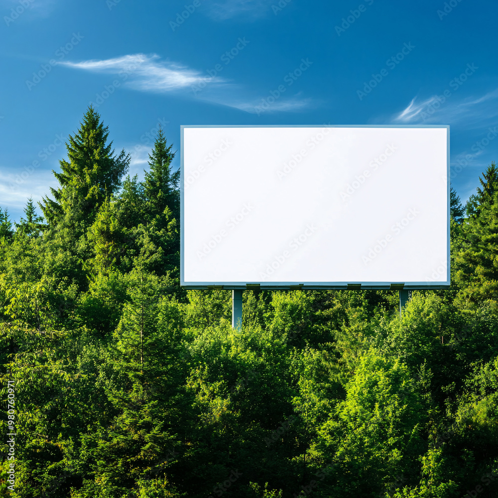 Large white billboard is in the middle of a forest. The billboard is empty, and the trees surrounding it are green and lush. Concept of serenity and tranquility Large white billboard is in the middle of a forest. The billboard is empty, and the trees surrounding it are green and lush. Concept of serenity and tranquility