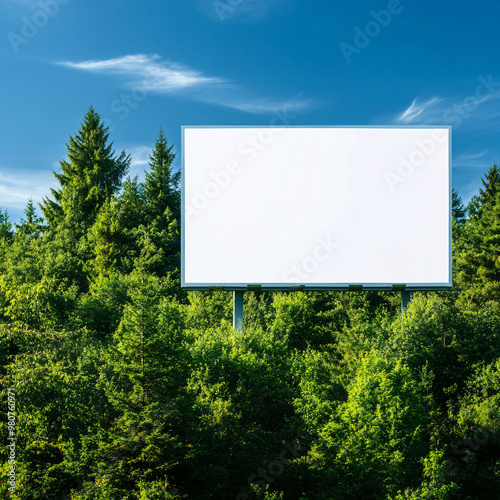 Large white billboard is in the middle of a forest. The billboard is empty, and the trees surrounding it are green and lush. Concept of serenity and tranquility