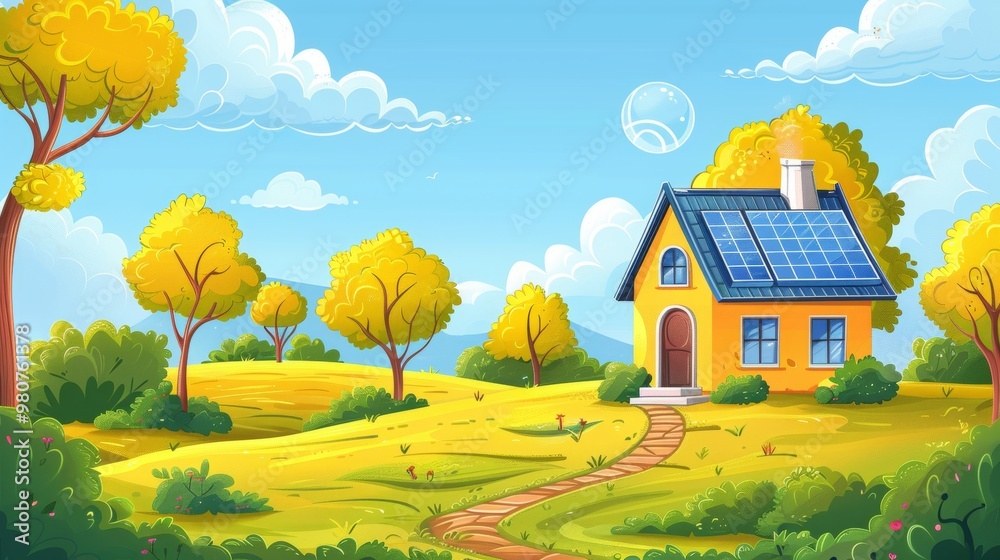 Fototapeta premium Cartoon vector house with solar panels on the roof generating electricity in a sunny landscape with trees and a blue sky