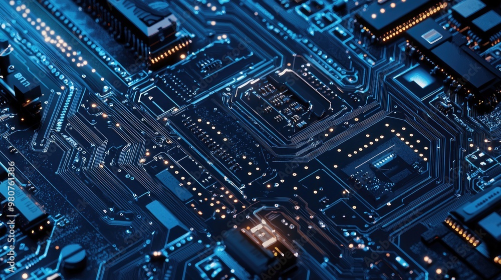 Detailed macro shot of a glowing microchip on a computer circuit board, highlighting technology, electronics, and modern computing Detailed macro shot of a glowing microchip on a computer circuit board, highlighting technology, electronics, and modern computing