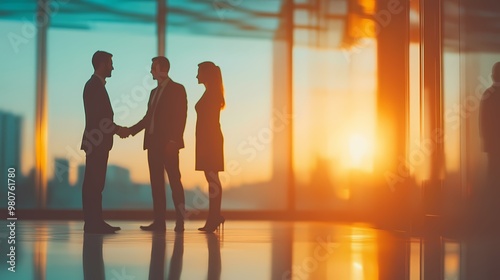 Blurred business people shaking hands in an office interior, close-ups of two men and a woman standing near a window with a blurred cityscape outside.