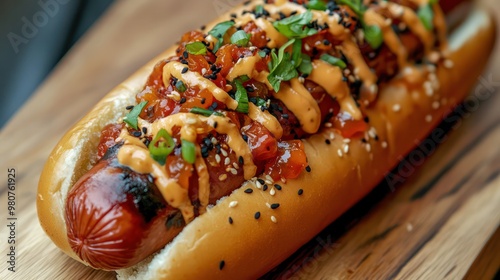 A hot dog with global flavor influences, combining international toppings like kimchi, tzatziki, or salsa for a multicultural food experience. photo