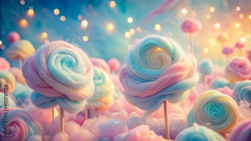 Soft focus cotton candy swirls against a dreamy, romantic pastel texture background in gentle hues of pink, blue, and yellow, evoking a whimsical sweet treat atmosphere.