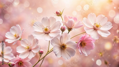 Delicate soft pink flowers with subtle petals and golden centers bloom against a blurred pale pink background, exuding femininity and gentle elegance in nature.