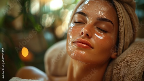 Woman receiving facial treatment with glowing skin. Woman with closed eyes enjoys a relaxing spa facial treatment, her skin glowing under a moisturizing mask in a peaceful atmosphere.