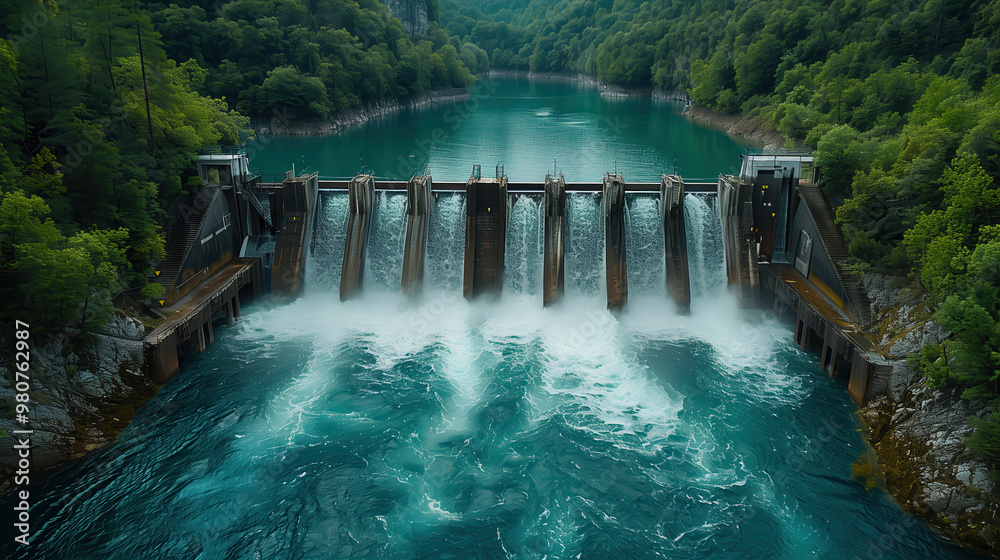 Large dam with flowing water surrounded by forest. Massive dam releasing water into a turquoise reservoir, surrounded by lush green forest, highlighting the power of hydroelectric energy. Large dam with flowing water surrounded by forest. Massive dam releasing water into a turquoise reservoir, surrounded by lush green forest, highlighting the power of hydroelectric energy.