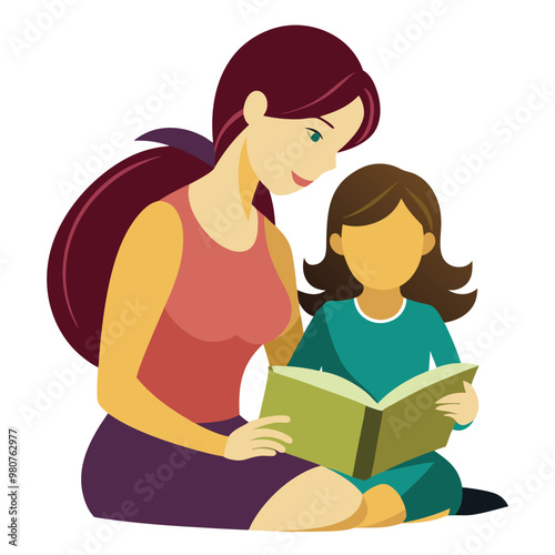 a young mother reading-book to daughter illustion on a white background photo