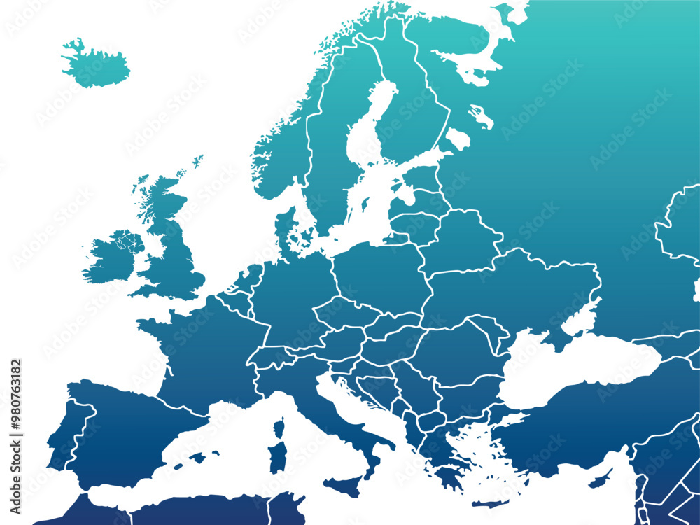 Obraz premium Europe map modern colors vector, isolated on white background.Travel worldwide, map silhouette, backdrop, earth geography, political,reports,city, infographic, political, concept, outline.