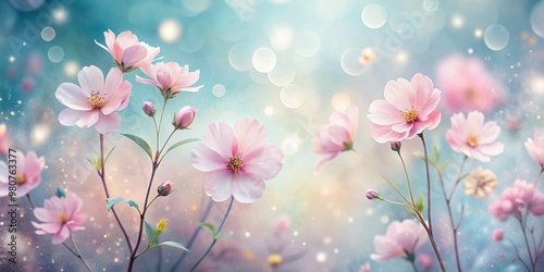 Soft focus, whimsical background features delicate, blurred pastel pink flowers in a dreamy, watercolor-inspired setting, evoking a sense of serenity and gentle elegance.