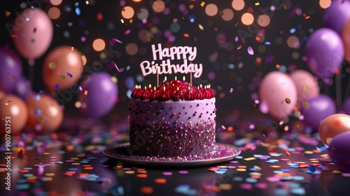 A vibrant birthday celebration featuring a decorated cake surrounded by balloons and confetti on a festive backdrop photo