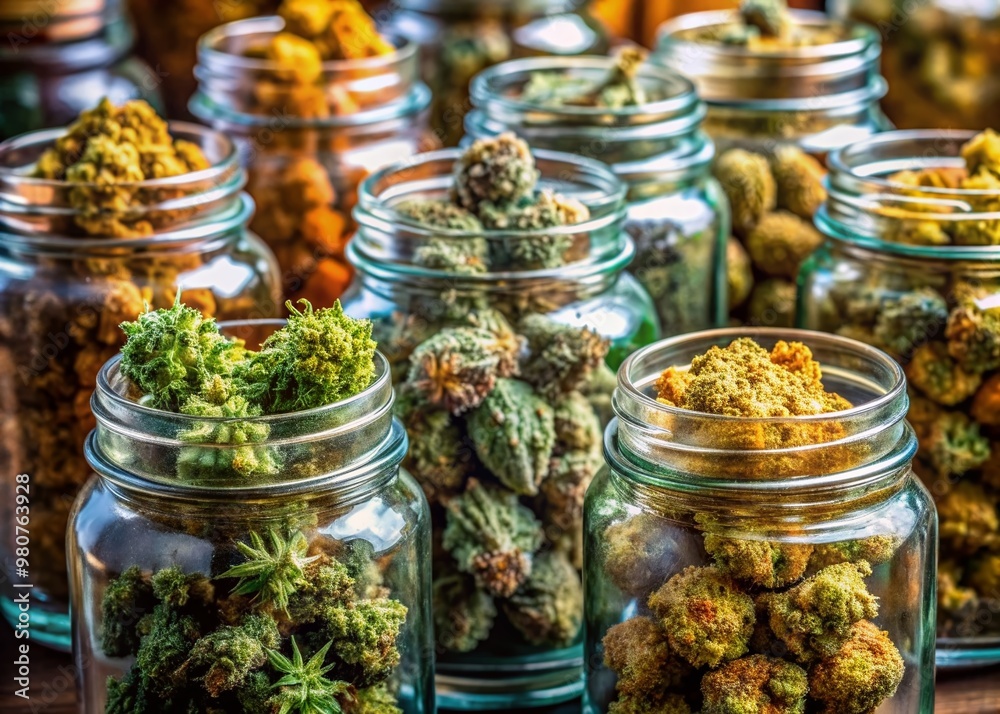 Vibrant medicinal buds of exotic cannabis strains showcased in sleek glass jars, capturing diverse textures, colors, and shapes in a visually stunning display of herbal beauty.