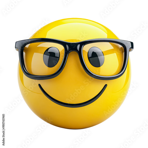 A cheerful yellow emoji with black glasses, showing intelligence or a nerdy style. Transparent background
