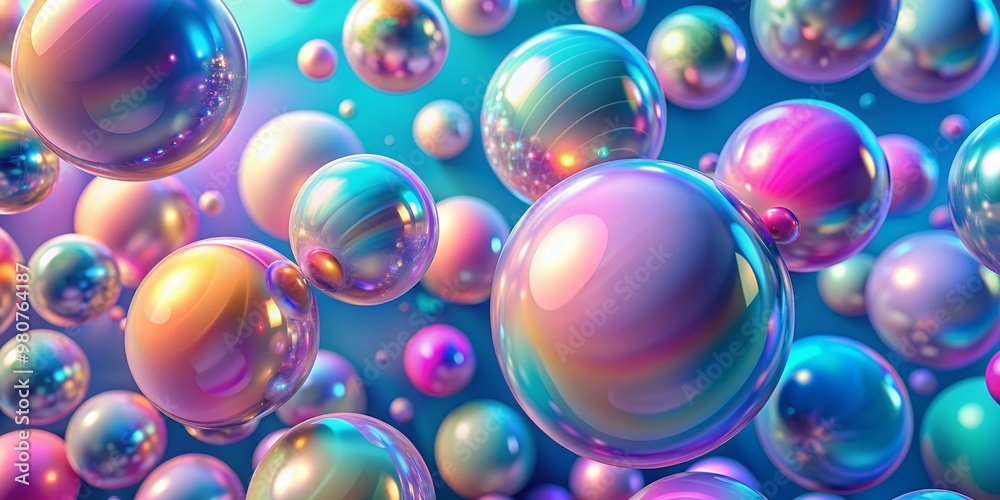 Vibrant iridescent pastel 3D spheres in varied sizes are scattered across a seamless background, emitting a mesmerizing glow with soft, gradient colors and futuristic appeal. Vibrant iridescent pastel 3D spheres in varied sizes are scattered across a seamless background, emitting a mesmerizing glow with soft, gradient colors and futuristic appeal.