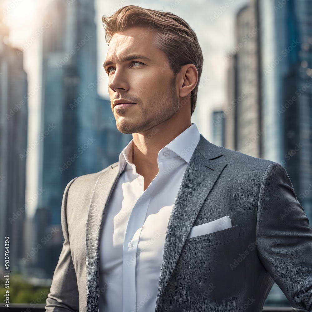 Confident businessman in a futuristic cityscape