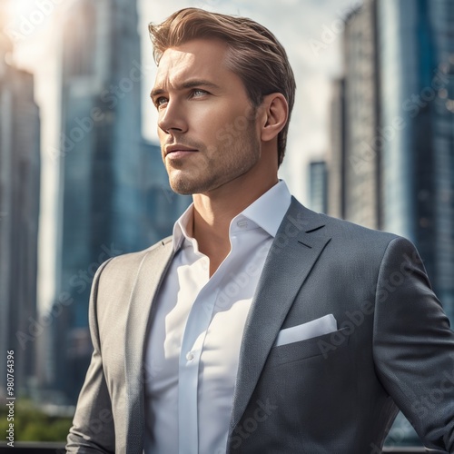 Obraz na płótnie Confident businessman in a futuristic cityscape w salonie