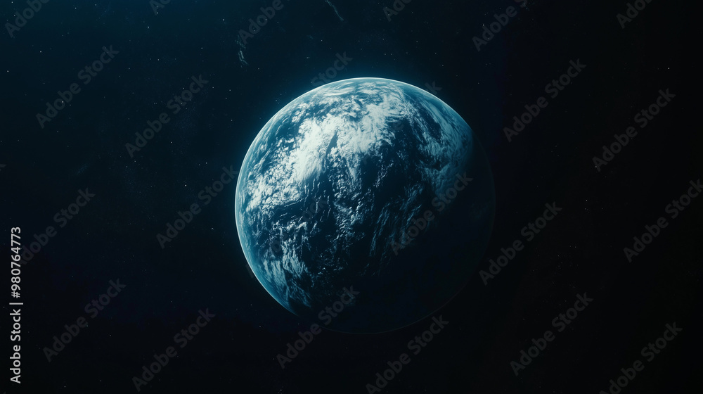 A clean wide shot of the blue Earth floating in the dark space, with light clouds and deep oceans, set against a starry background A clean wide shot of the blue Earth floating in the dark space, with light clouds and deep oceans, set against a starry background