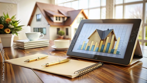 A tablet displays a digital gold investment graph, surrounded by financial papers and a pocket notebook, with a comfortingly decorated home background. photo