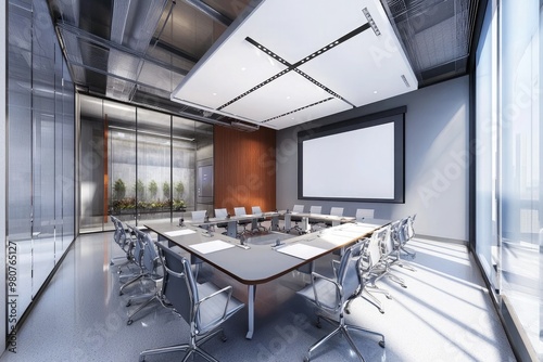 Interior of modern office with white walls, concrete floor, rows of computer tables with black chairs and horizontal mock up poster 