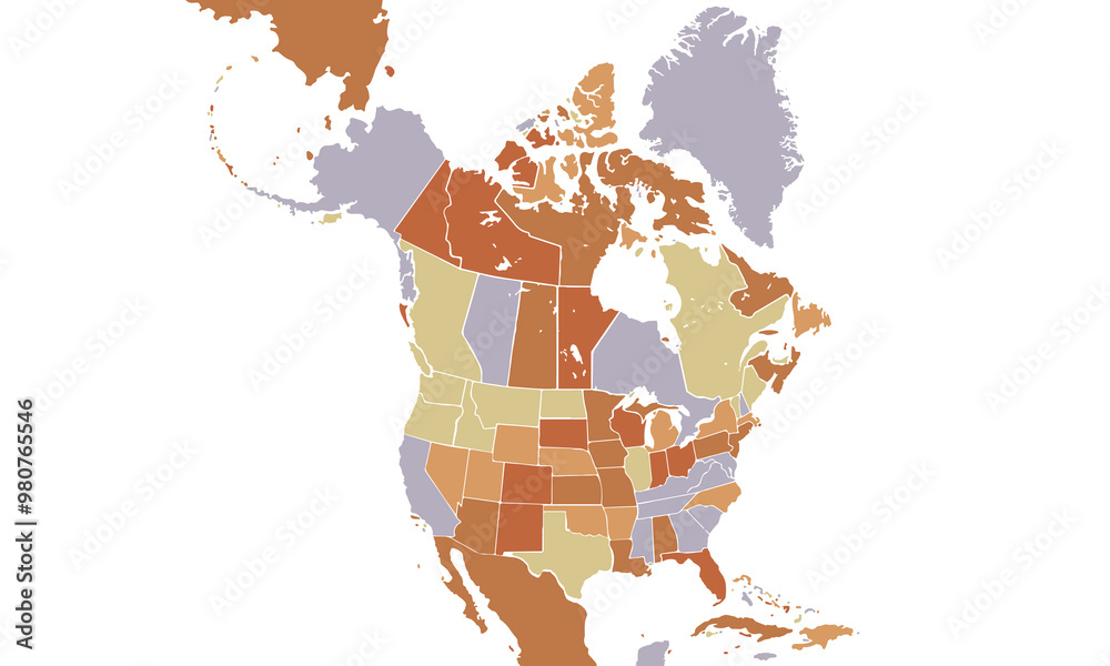 Obraz premium Map of North America modern colors vector, isolated on white background.