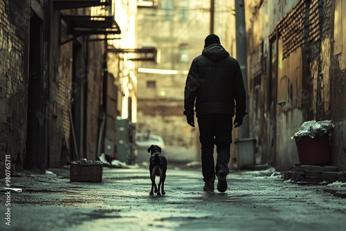 Back view of a homeless man and his dog walking in a seedy alleyway