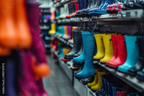 Shopper browsing a selection of rain boots in a footwear store.