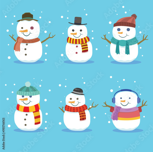 cute cartoon vector illustration of a set of snowmen with hats on a snowy background