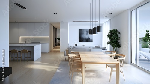 A clean, simple dining room with smart-controlled lighting and minimalistic furniture