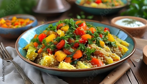 Flavorful Moroccan couscous loaded with vibrant vegetables and spices for a healthy culinary delight