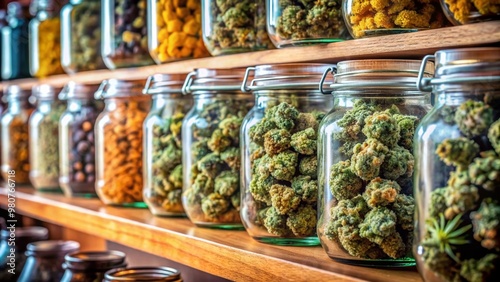 Vibrant cannabis buds of various strains are meticulously organized and stored in glass jars, arranged on a shelf, showcasing a diverse range of colors and textures. photo