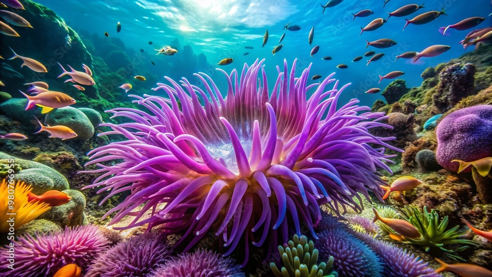 Obraz premium Vibrant purple sea anemone with tentacles swaying gently amidst a colorful coral reef, surrounded by seaweed and schools of small fish in turquoise water.