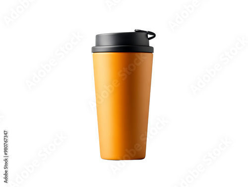 Vibrant orange travel mug with a black lid, perfect for coffee lovers on the go. Ideal for hot beverages and outdoor use. photo