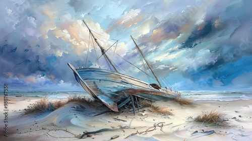 Soft pastel watercolor a deserted coastline, debris on the beach, and abandoned sailboats beneath a gloomy sky.