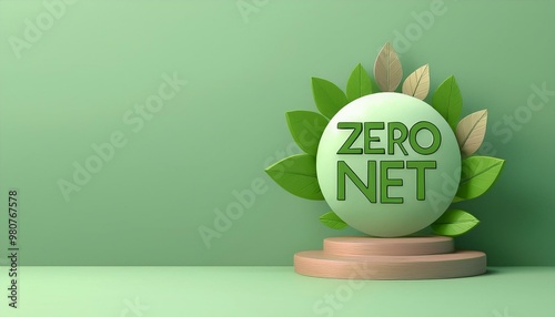 Stylish 3D representation of a Zero Net concept featuring green leaves and a modern graphic design, perfect for eco-friendly projects.
