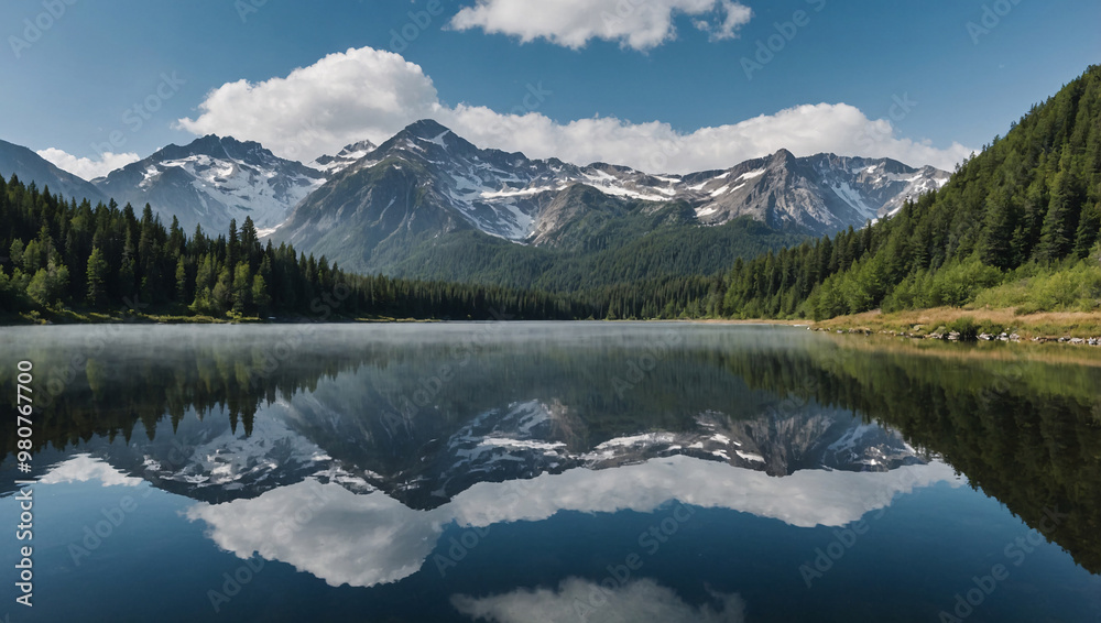 Serene mountain lake with a mirror reflection of the surrounding peaks and sky Serene mountain lake with a mirror reflection of the surrounding peaks and sky