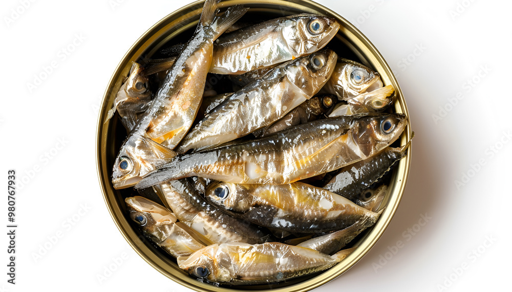 Tasty canned sprats isolated on white, top view Tasty canned sprats isolated on white, top view
