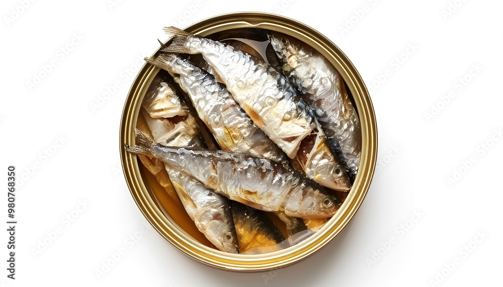 Tasty canned sprats isolated on white, top view Tasty canned sprats isolated on white, top view
