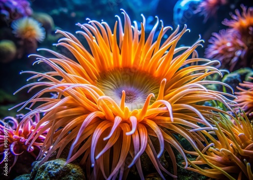 Vibrant sea anemone with delicate tentacles and vibrant orange center, gently swaying in the current, surrounded by coral and seaweed in a well-lit aquarium.