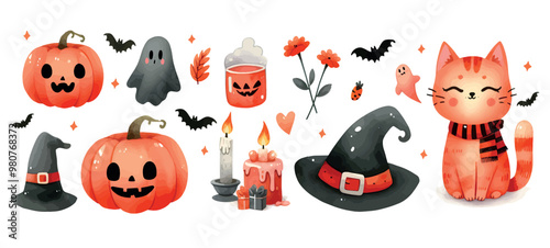 set of autumn illustrations for halloween. watercolor illustration for halloween.