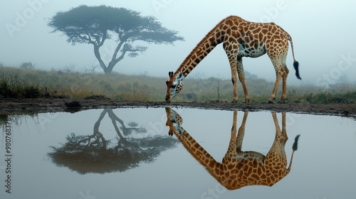 Graceful Giraffe Drinking from Waterhole with Reflection in Crystal Clear Water