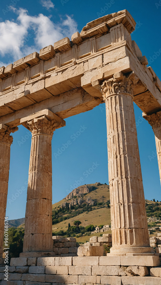 Obraz premium the timeless beauty of an ancient Greek temple with towering Doric columns, set against the backdrop of a clear blue sky and rolling hills