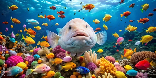 A fascinating blobfish drifts languidly amidst a kaleidoscope of coral, surrounded by schools of vibrant fish, in a photo