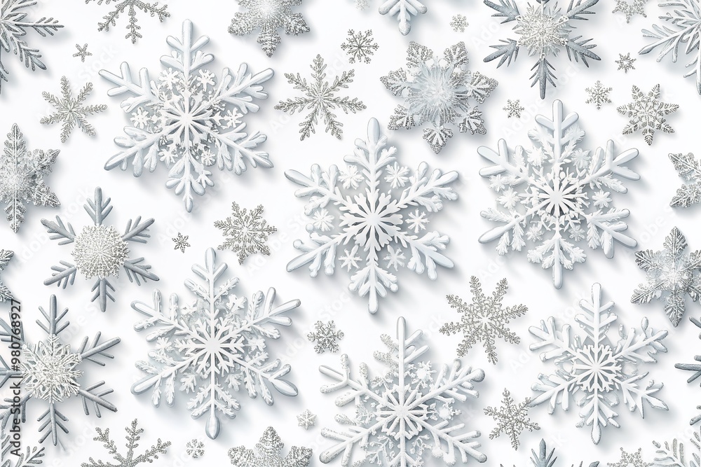 Delicate white snowflakes with intricate symmetrical patterns gently float on a crisp plain white background, creating a serene seamless pattern perfect for wallpapers. Delicate white snowflakes with intricate symmetrical patterns gently float on a crisp plain white background, creating a serene seamless pattern perfect for wallpapers.